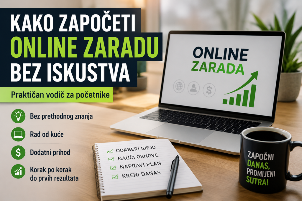 Početnički vodič za online zaradu bez iskustva, prikazan kroz laptop, radni sto i korake za pokretanje rada od kuće
