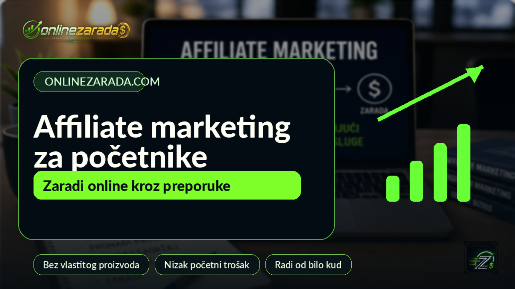 Affiliate marketing za početnike prikazan kroz laptop, preporuke proizvoda i korake do online zarade.