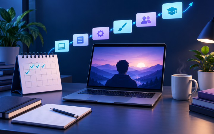 Laptop, bilježnica i kalendar s označenim zadacima za učenje digitalnih vještina.