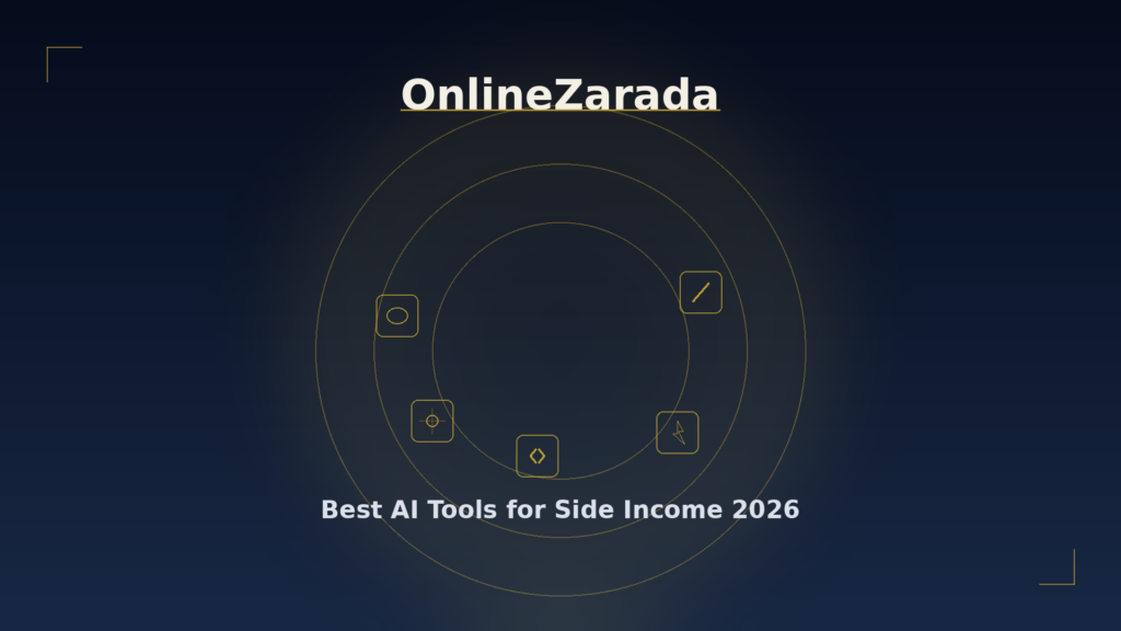 OnlineZarada dark luxury cover — best AI tools for side income 2026 abstract toolkit