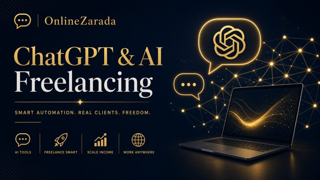 OnlineZarada luxury AI cover — ChatGPT freelancing practical guide abstract neural gold lines
