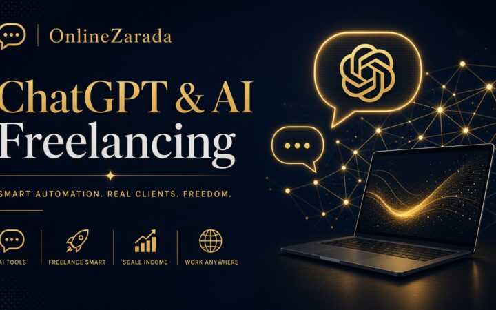 OnlineZarada luxury AI cover — ChatGPT freelancing practical guide abstract neural gold lines