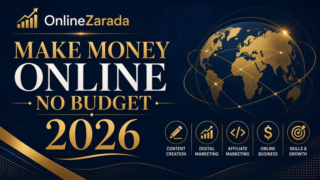 OnlineZarada luxury dark cover — make money online with no budget 2026 gold accents