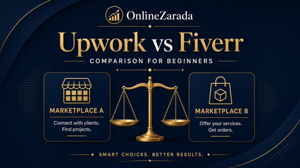 OnlineZarada dark cover — Upwork versus Fiverr comparison abstract dual panels gold accents
