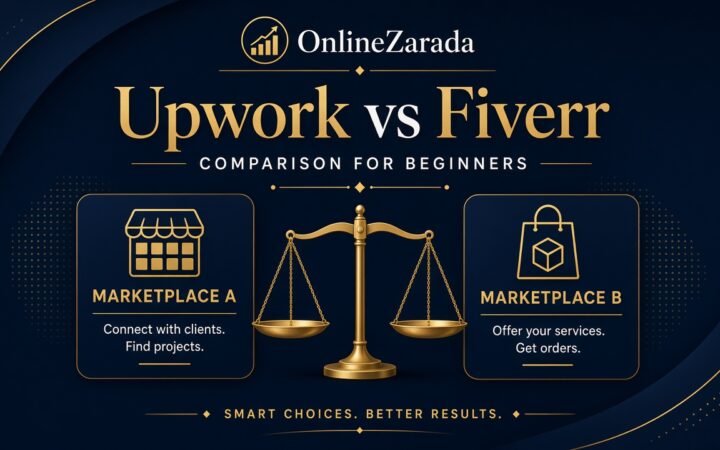 OnlineZarada dark cover — Upwork versus Fiverr comparison abstract dual panels gold accents