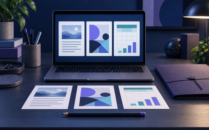 Laptop s tri primjera portfolija: tekstom, grafičkim dizajnom i tabelom, uz kartice radova na stolu.