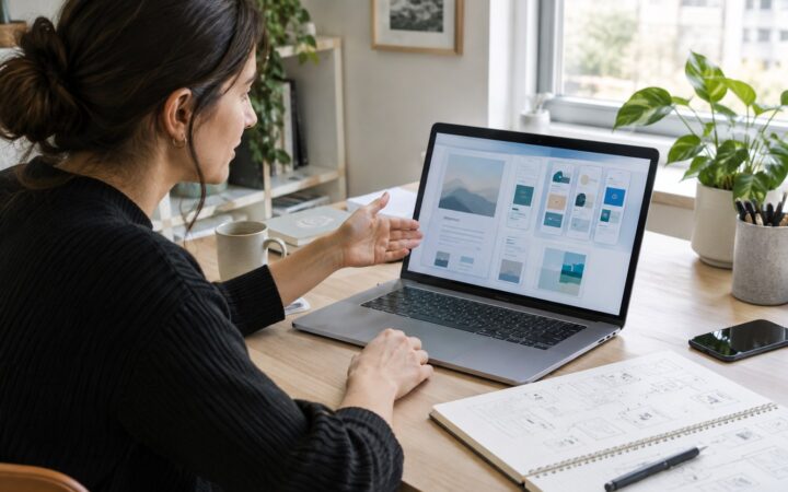 Freelancer prikazuje portfolio studiju slučaja i proces rada na laptopu