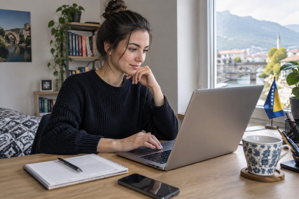 Početnik freelancer priprema Fiverr uslugu i ponudu na laptopu